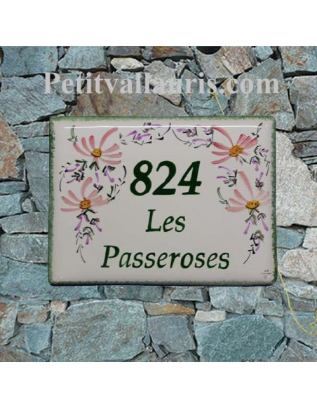 plaque entrée de maison céramique décor artisanal fleurs roses + inscription personnalisée