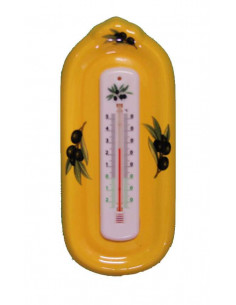 Support en faience avec thermomètre mural couleur jaune-miel Provençal et décor olives noires