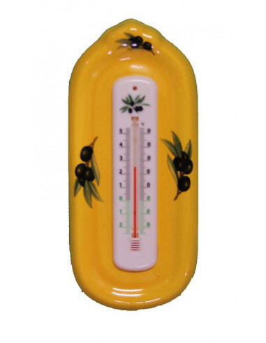 Support en faience avec thermomètre mural couleur jaune-miel Provençal et décor olives noires
