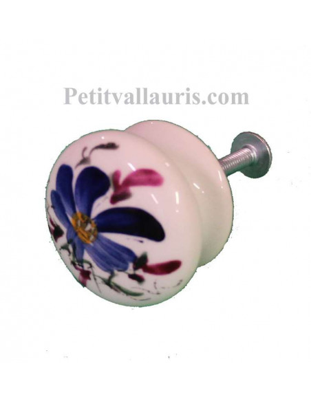 Bouton de tiroir en porcelaine blanche pour mobilier décor artisanal fleuri bleu (diamètre 35 mm)