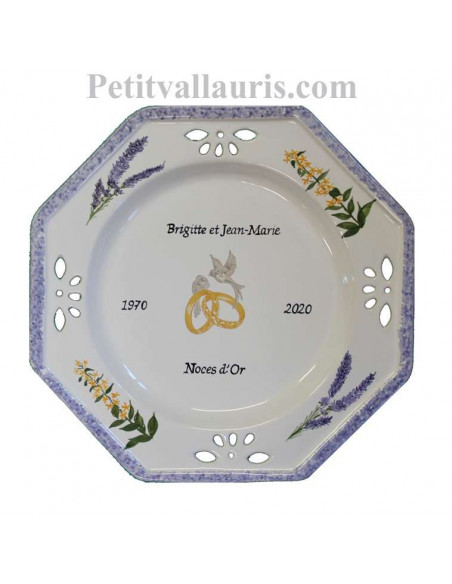 Grande Assiette souvenir de Mariage modèle octogonale décor brins de lavandes et brins de gentianes