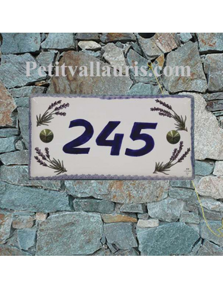 Plaque de maison faience émaillée décor brins de lavandes inscription personnalisée bleue