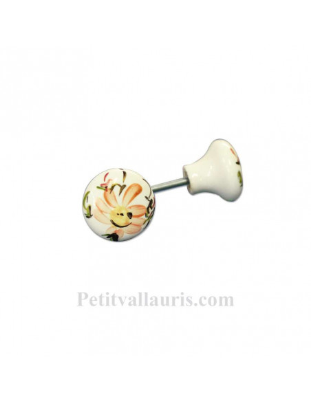 Bouton de tiroir en porcelaine blanche décor artisanal Fleur saumon (diamètre 30 mm)