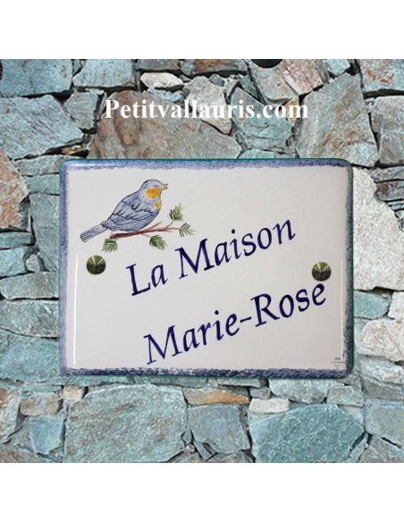 plaque de maison céramique émaillée décor artisanal mésange bleue + inscription personnalisée couleur bleue