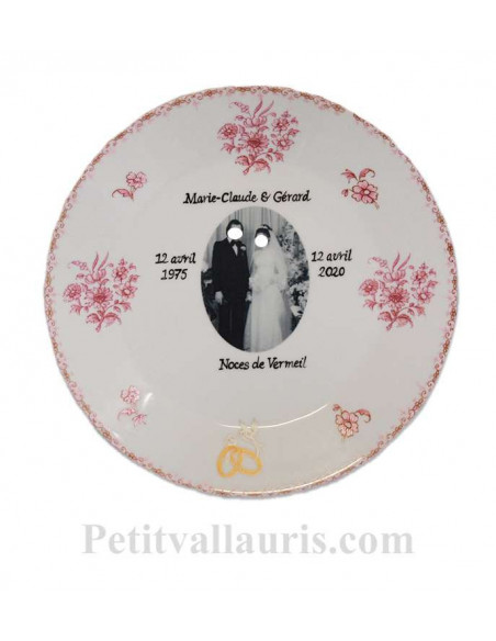 Assiette anniversaire de Mariage en porcelaine personnalisée avec photo+ inscription +colombe et alliances 