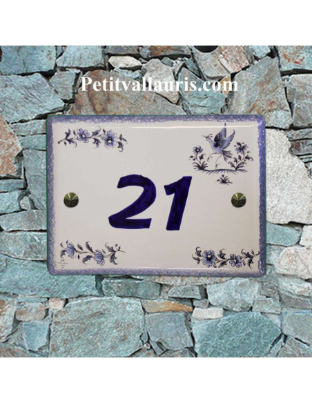 Plaque de maison en céramique émaillé motif fleurs de Tradition bleu + inscription personnalisée