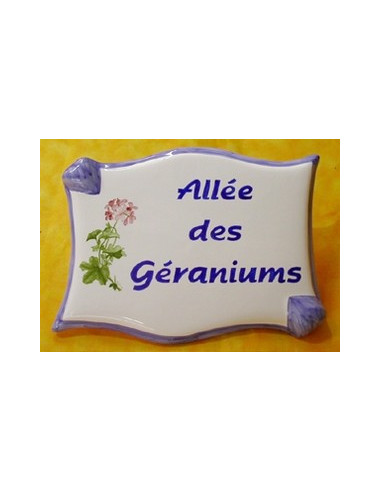 Plaque de forme parchemin décor personnalisé Géraniums