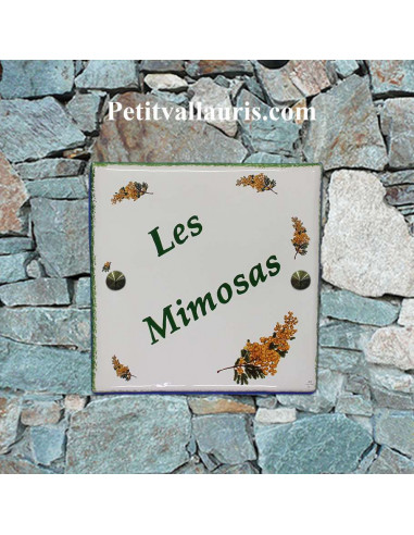 Grande plaque de maison en céramique modèle carrée motif brins de mimosa + inscription personnalisée
