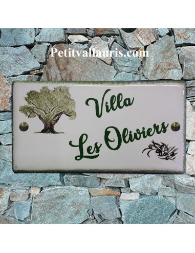 Grande plaque de maison rectangle en faience 40 x 20 cm décor artisanal viel olivier et brin d'olive avec personnalisation