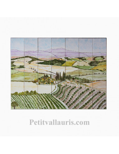 Fresque murale sur carreaux de faïence décor artisanal modèle paysage de Toscane 75 x 105 cm
