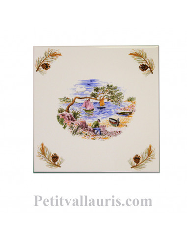 Carreau en faïence blanche décor paysage provençal motif pêcheur et calanque 20 x 20 cm