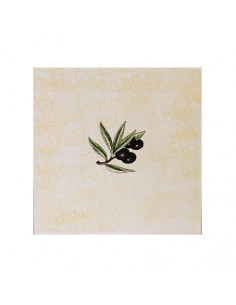 Décor sur carreau mural 15 x 15 cm en faïence jaune-paille clair pose classique motif brin d'olives noires
