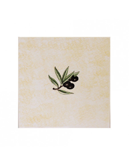 Décor sur carreau mural 15 x 15 cm en faïence jaune-paille clair pose classique motif brin d'olives noires