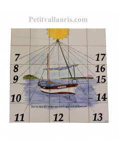 Cadran solaire en faïence décoratif décor artisanal bateau de pêche avec gravure personnalisée