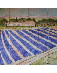 Grande Fresque murale sur carrelage en faïence motif artisanal paysage champs de lavandes ,bastide et ruches 105 X 105 cm