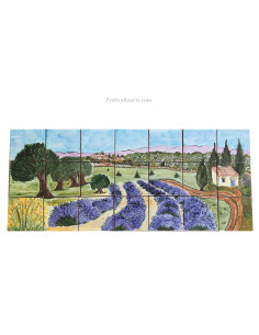 Fresque murale sur carreaux de faience décor artisanal modèle Village + champs oliviers et lavandes 30x70