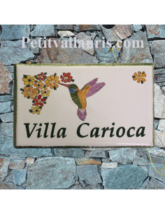 Plaque personnalisée rectangle pour maison en céramique motif colibri +fleurs multicolores