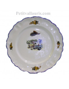 Assiette modèle Louis XV plate en faience blanche décor calanque et brins de mimosas