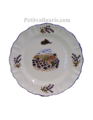 Assiette modèle Louis XV plate en faience blanche décor récolte des lavandes et brins de lavande