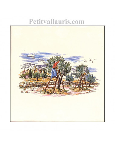 Carreau en faience blanche décor paysage provençal récolte des olives 10 x 10 cm