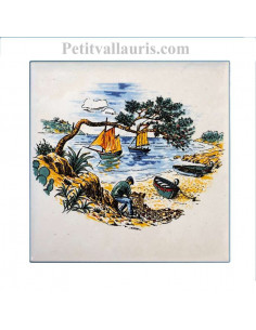 Carreau en faience blanche décor paysage provençal motif pêcheur et calanque 10 x 10 cm