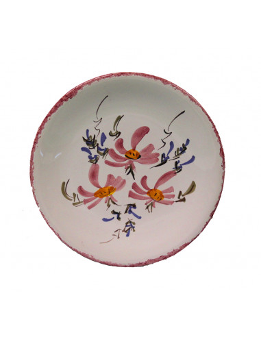 Assiette plate à dessert en faïence blanche décor motifs artisanaux Fleurs roses