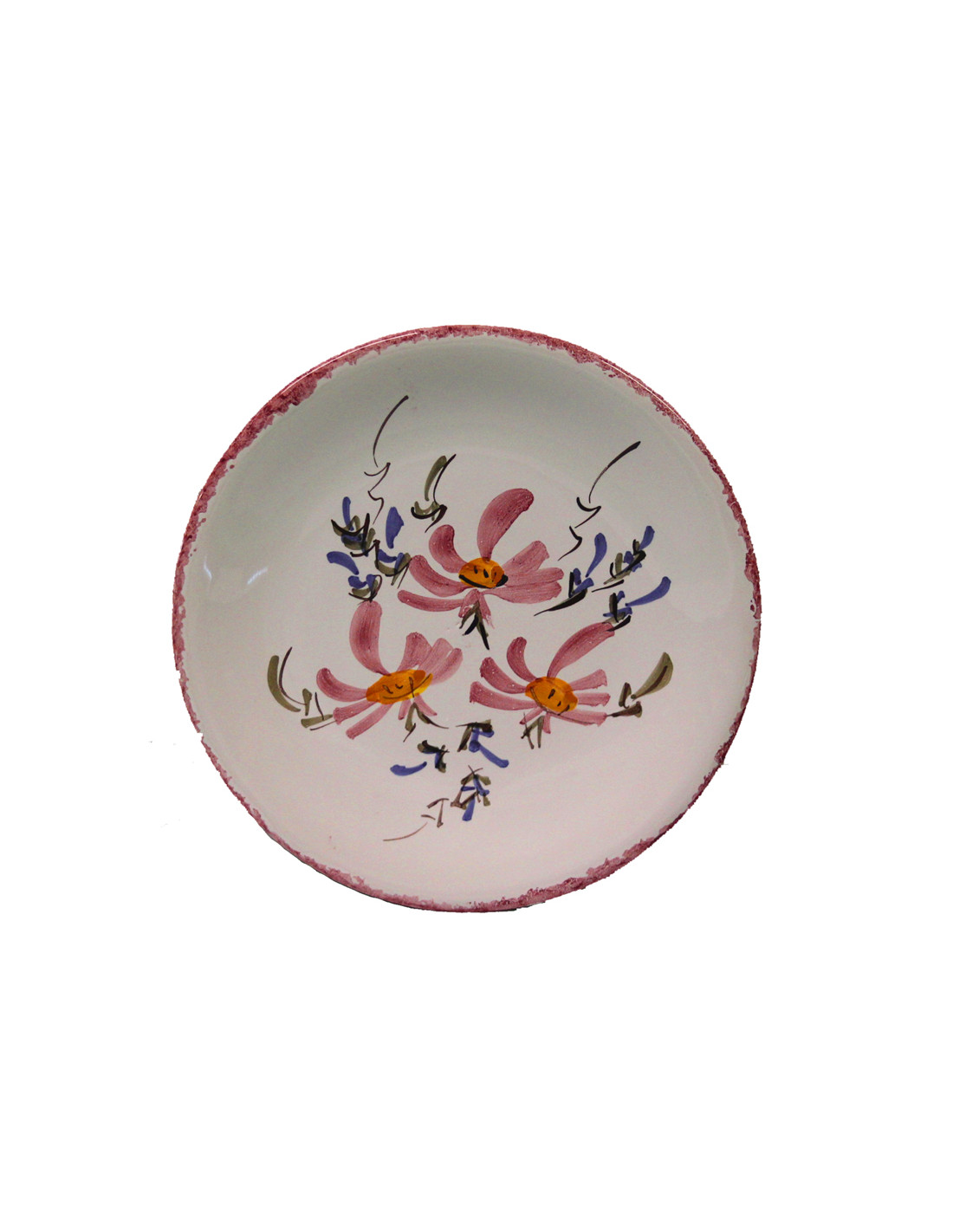 Assiette plate à dessert en faïence blanche décor motifs artisanaux Fleurs  roses