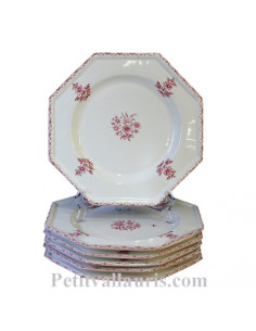 Assiette de table en faience blanche modèle octogonale décor bouquet camaieux rose