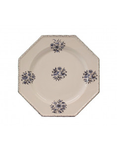 Assiette de table en faience blanche modèle octogonale décor bouquet camaieux bleu