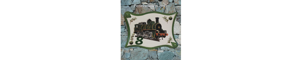 Plaque en céramique émaillée personnalisée au motif variès tel que locomotive, vehicule, navire, animaux avec inscription
