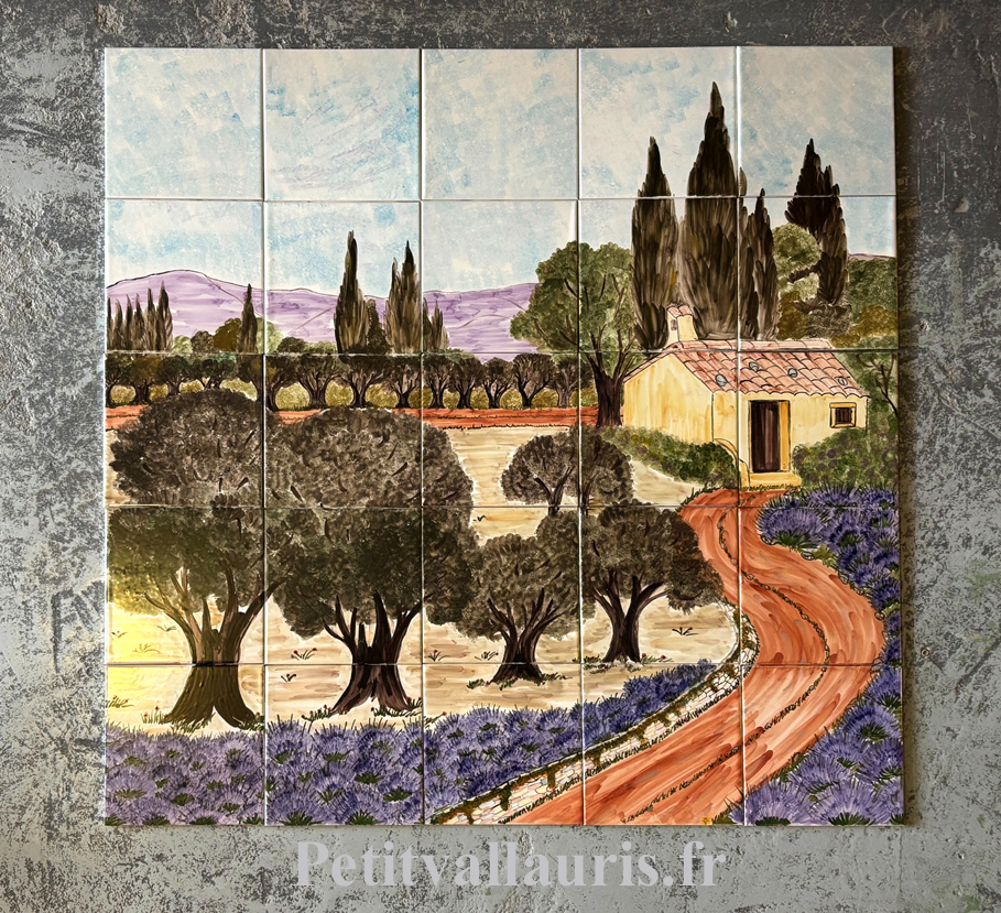 Fresque sur carreaux de faience paysage campagne Provcençale